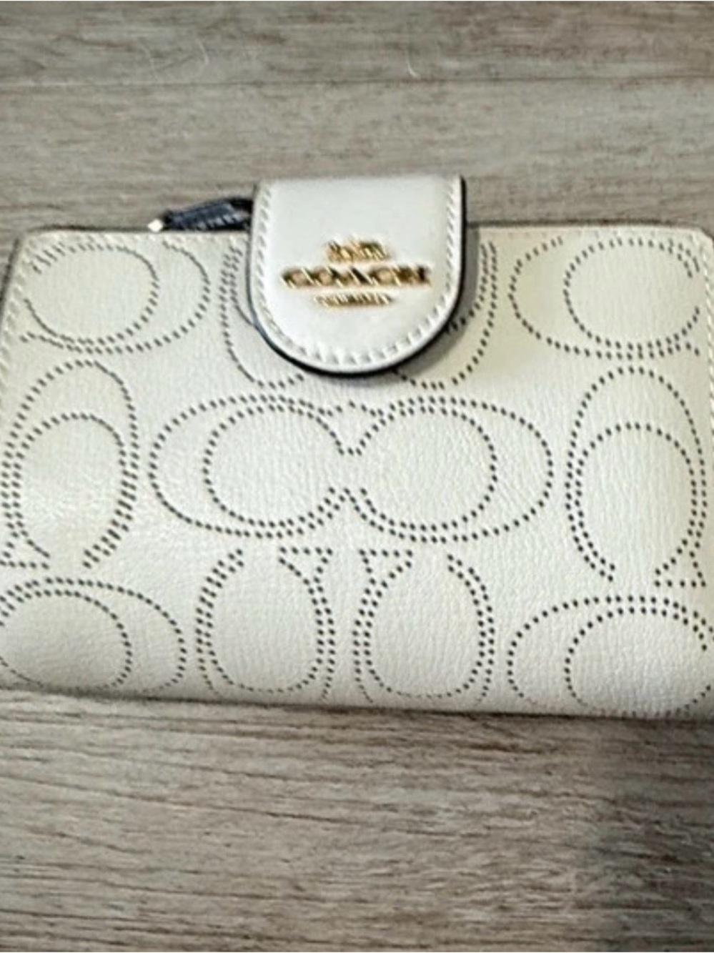 Coach Cream Perforated Signature Leather Wallet with Gold Logo